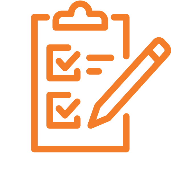 Orange-04 An icon of a clipboard displaying checklists with a pencil resting on top, indicating tasks to be completed